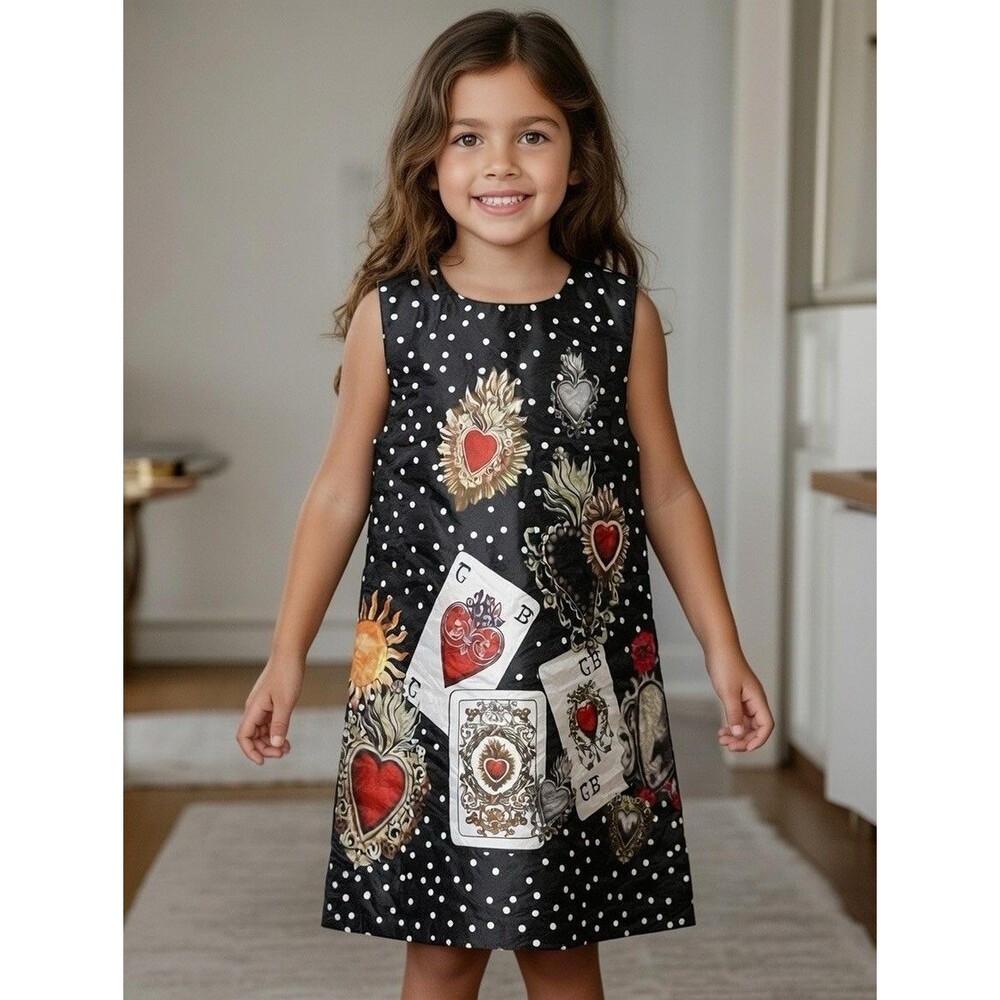 Bongawan Girls US 5y Fleece Jumper Dress Black Red Floral Playing Cards Kids